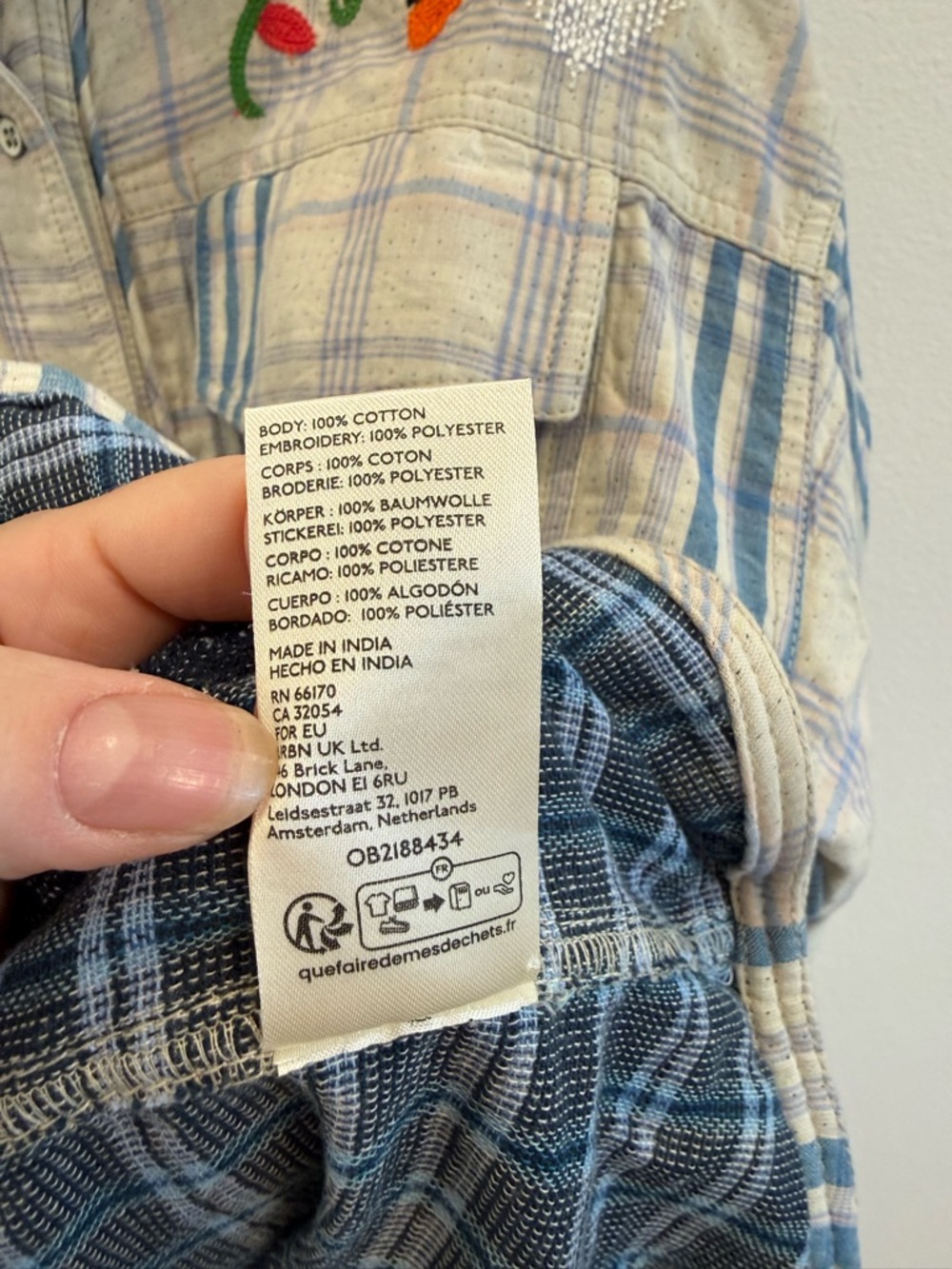 NWT Free People Sashiko Embroidered Blue Plaid Button-Down Shirt Small Boho - Picture 9 of 10